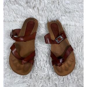 YOKONO Sandals Brown Leather Strap Comfort Flats Slip On US Size 8